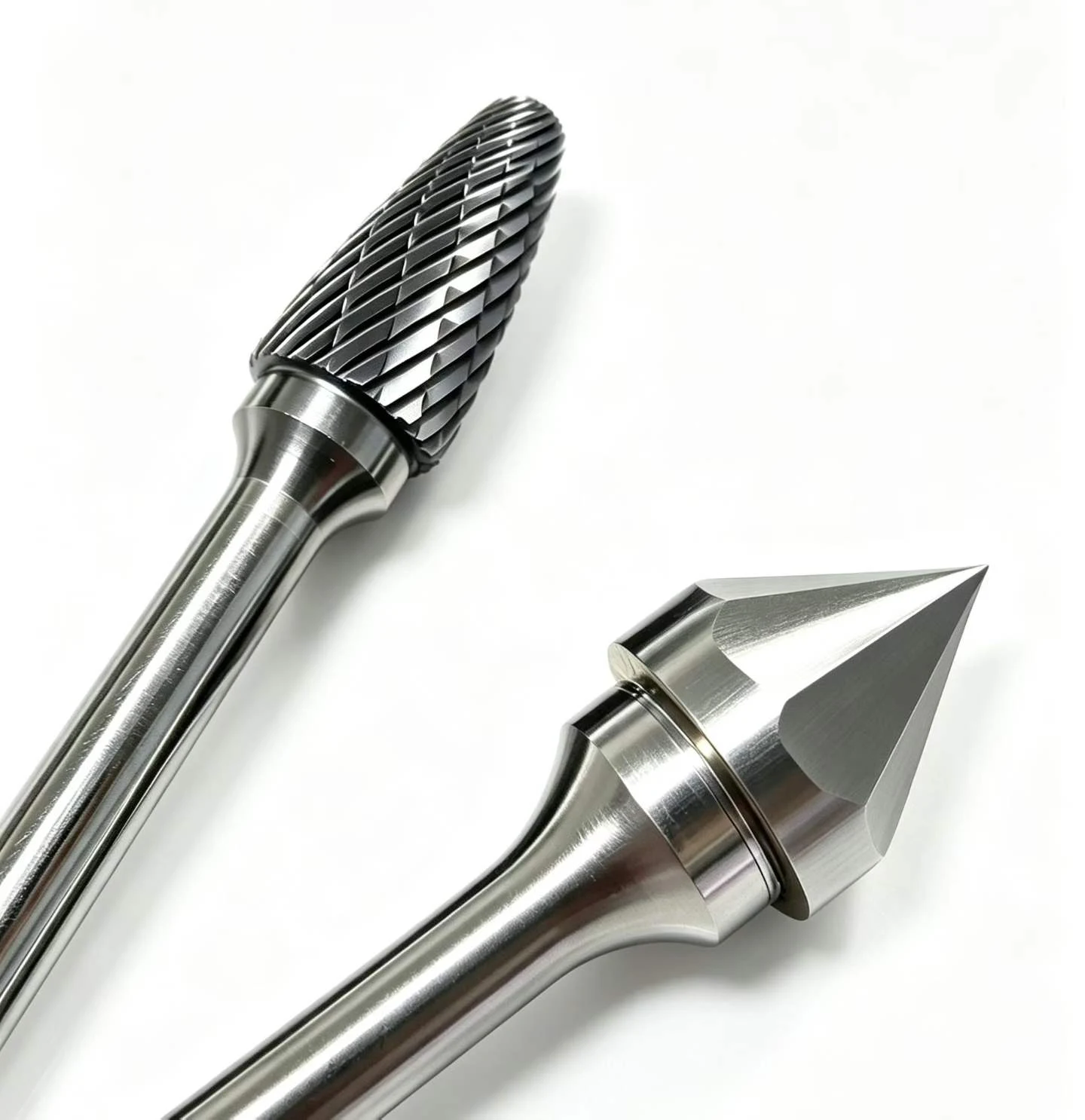 Close-up of two carbide burr heads showing a cylindrical burr and a pointed cone burr