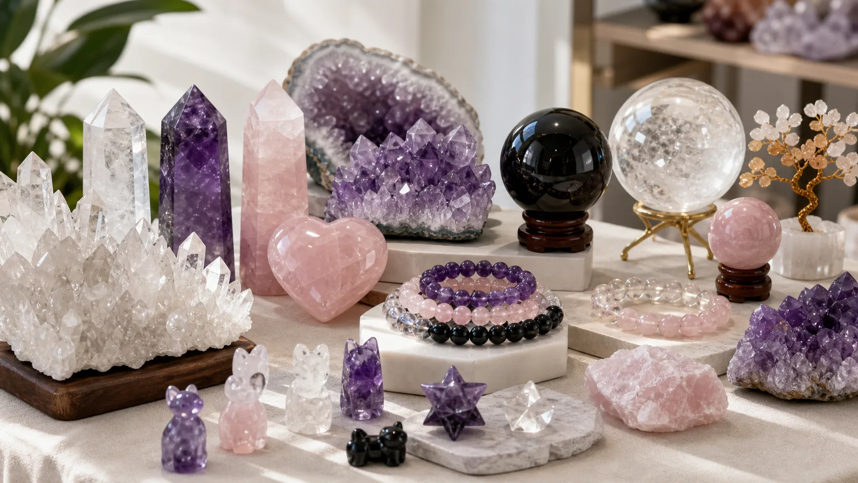 Finished crystal export products including towers spheres hearts bracelets and carvings