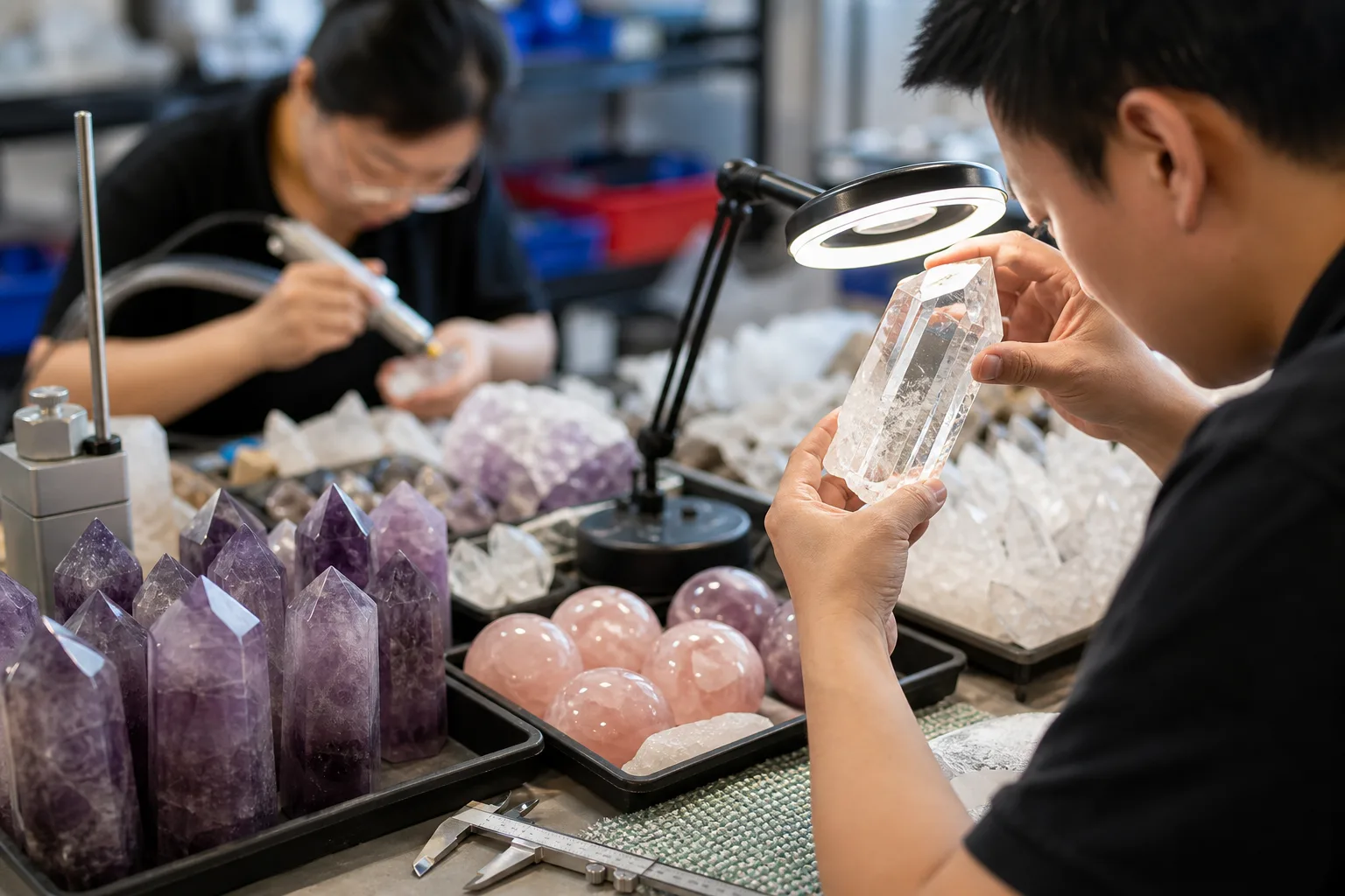 Crystal workshop quality control with inspection lighting and polished quartz pieces