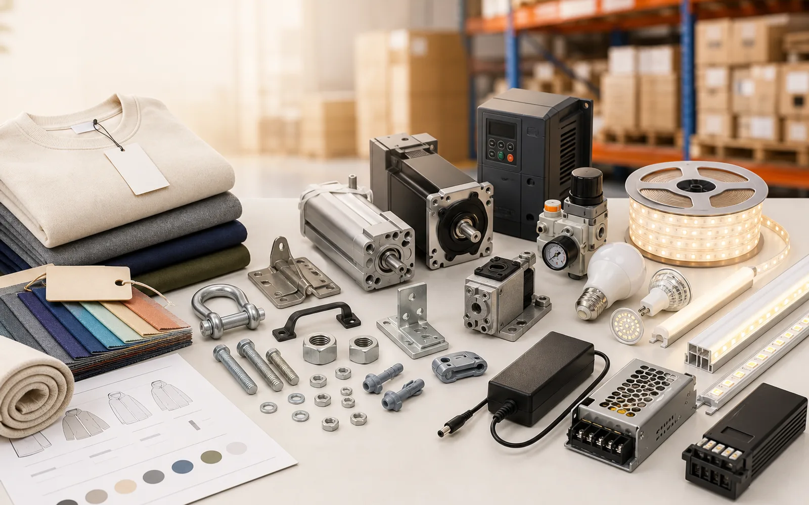 Product sourcing table with apparel, hardware, engineering equipment, LED lighting, and power supplies