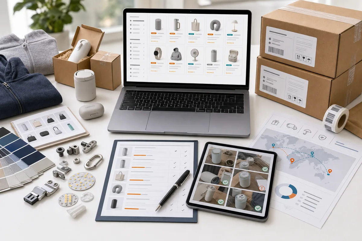Product sourcing desk with product database, samples, quotation checklist, inspection photos, and shipping labels