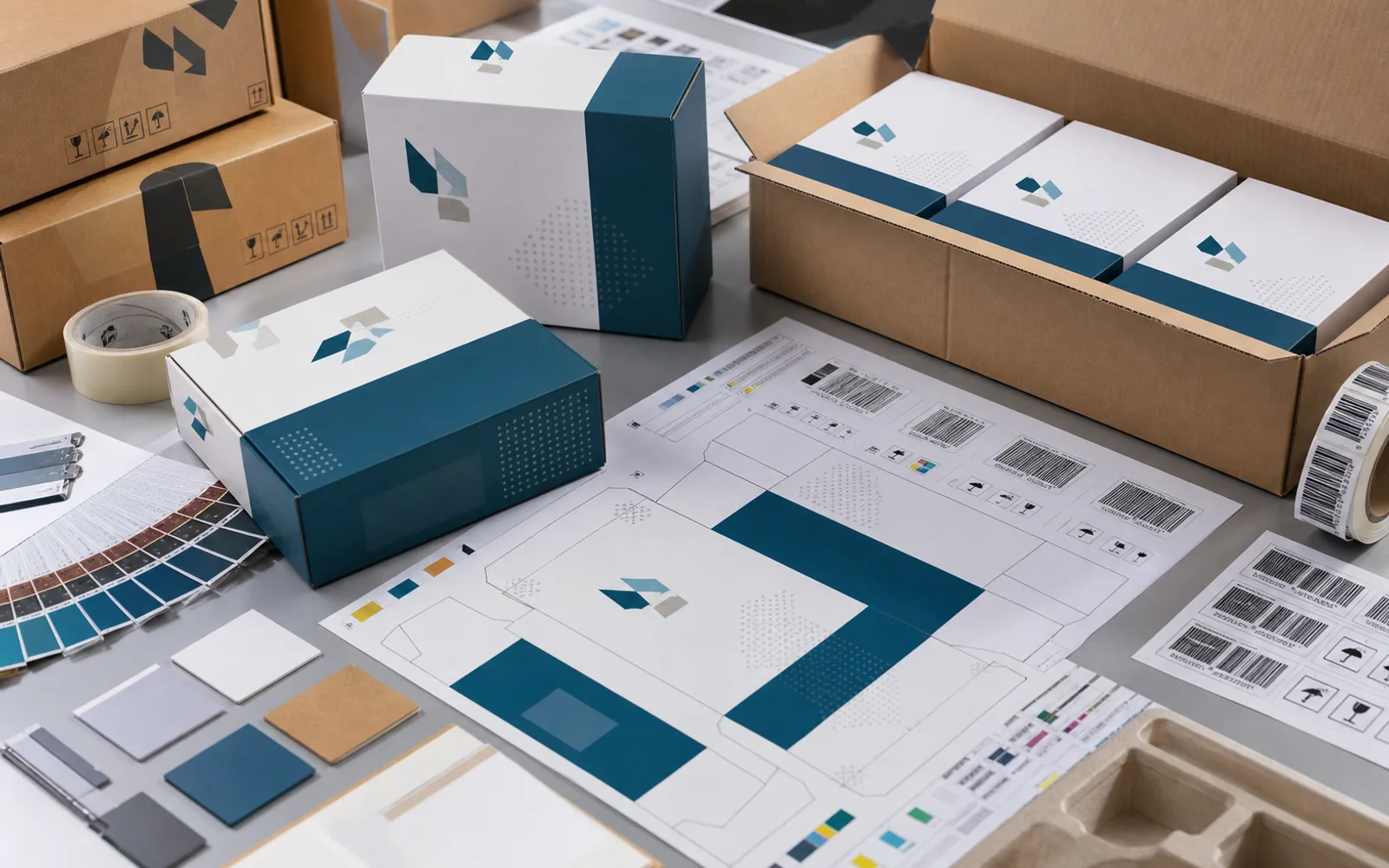Private label packaging workbench with branded box mockups, dielines, labels, and color swatches