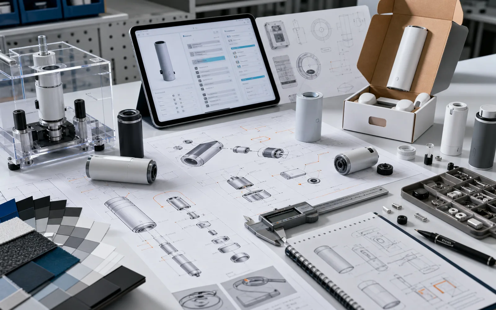 Product development workbench with prototype parts, calipers, specification sheets, and material samples