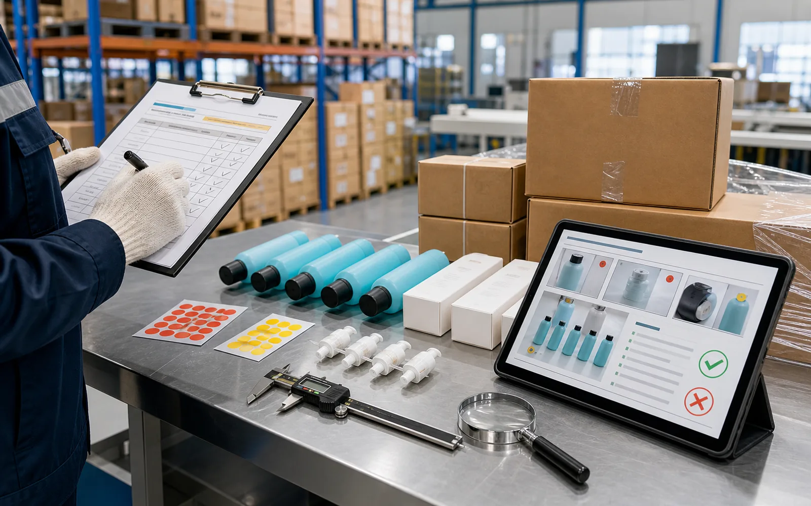 Quality inspection table with finished products, AQL checklist, calipers, defect markers, and report tablet