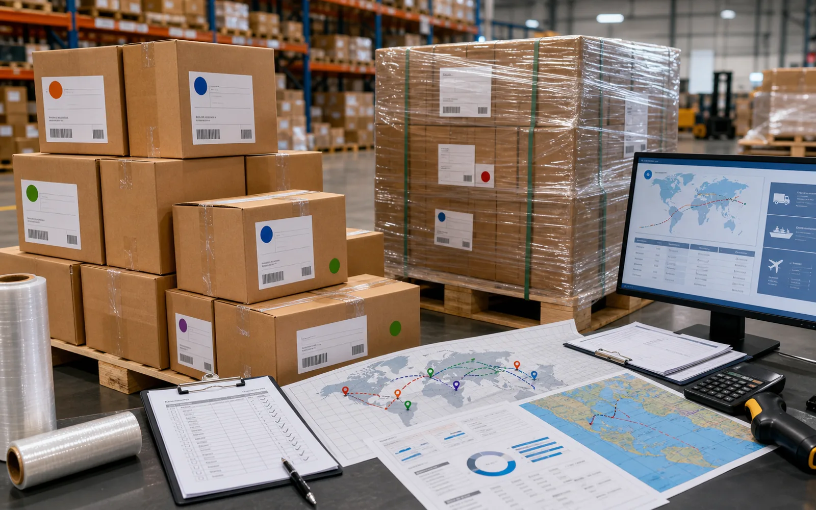 Warehouse consolidation zone with cartons from multiple suppliers, pallet labels, and route planning documents
