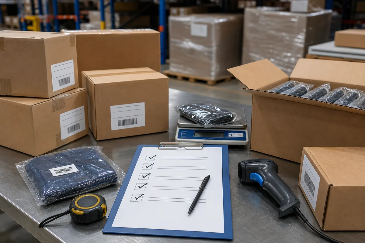 Warehouse receiving table with supplier cartons, inspection checklist, and shipping labels for Basic Plan