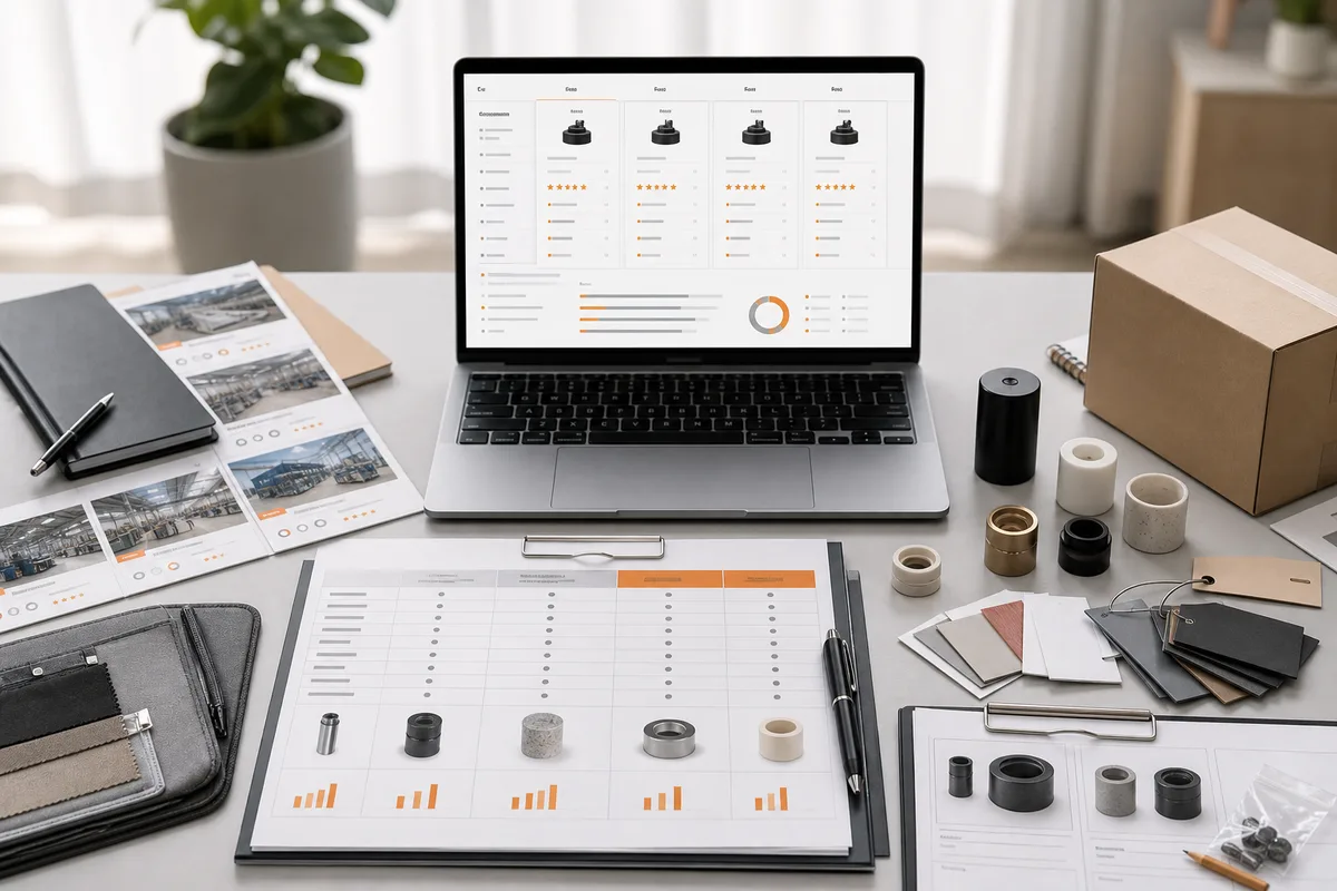 Supplier comparison desk with product samples and managed sourcing documents for Pro Plan