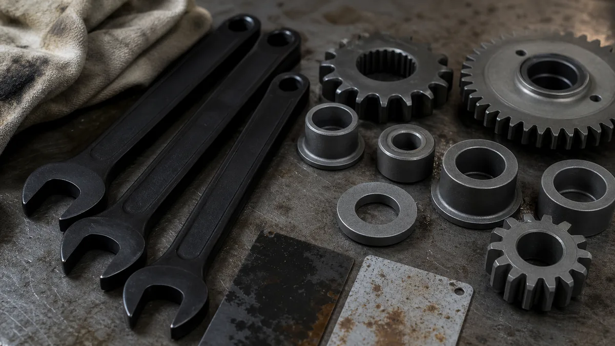 Side-by-side comparison of blackening (matte black Fe₃O₄ conversion coating) and phosphating (grey crystalline phosphate layer) on steel hand tools. Highlights key differences in appearance, corrosion resistance (4–24h salt spray), and best use cases