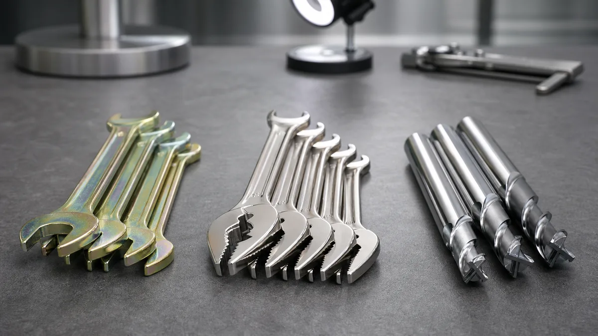 Comparison of zinc plating (blue/yellow/white passivation), bright nickel plating, and hard chrome plating on typical hand tools and cutting tools — illustrating the different visual appearances and application ranges of the three main electroplating methods
