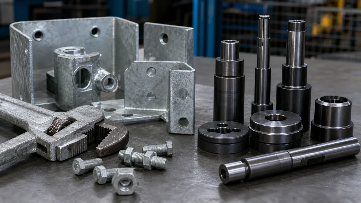 Side-by-side comparison of hot-dip galvanizing (thick grey zinc coating, 50–150 μm, sacrificial protection) and nitriding (cross-section showing compound and diffusion layer, 0.3–0.6 mm case depth, 800–1200 HV surface hardness)