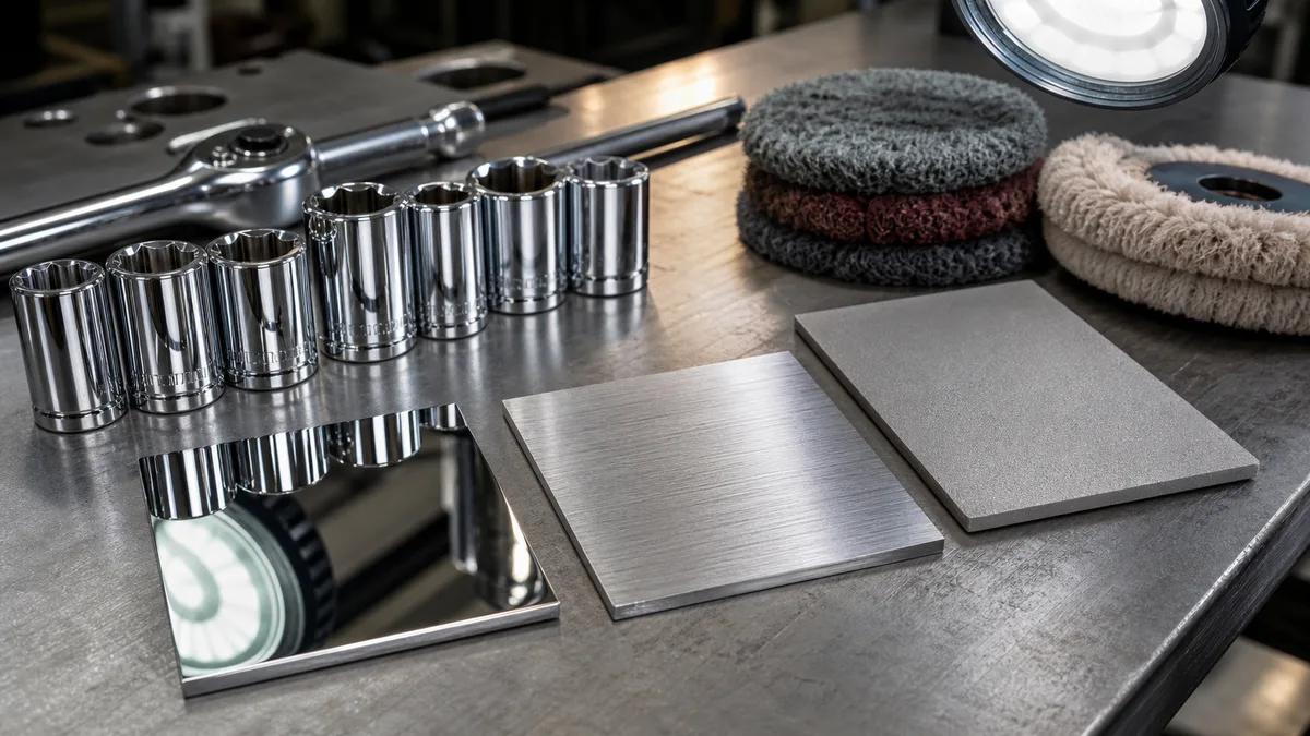 Comparison of mirror polishing (Ra ≤ 0.05 μm, bright reflective finish, premium retail aesthetic) versus sandblasting (Ra 1.5–6 μm, matte texture, functional pre-coating preparation) on typical metal tool surfaces