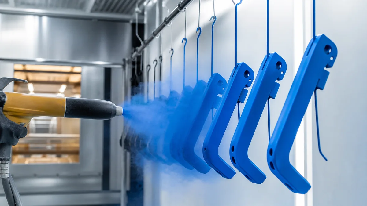 Powder coating process flow: electrostatic spray application of dry powder to a metal tool handle, followed by oven curing at 180–200°C, resulting in a thick durable colored coating. Color samples show red, blue, yellow, green, and black finish options