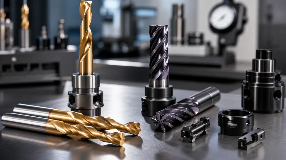 Comparison of three PVD coating types on drill bits: gold TiN (~2300 HV), violet-grey TiAlN (~2800 HV, high-temp stable), and black DLC (~3000 HV, ultra-low friction μ=0.1). All coatings are 1–5 μm thin